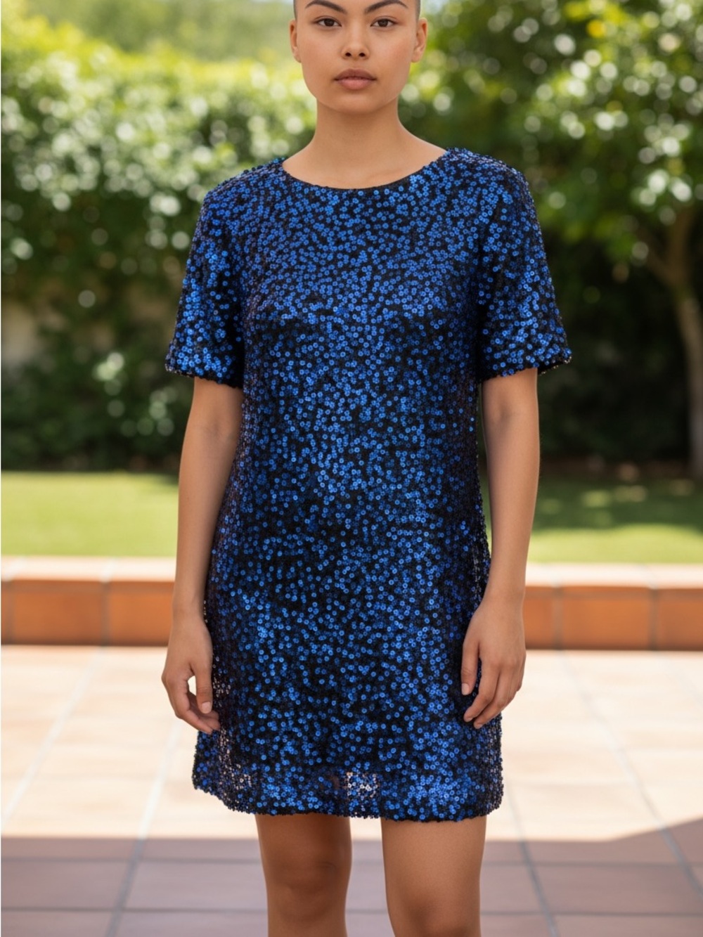 Blue Sequin Short Sleeve Shift Dress